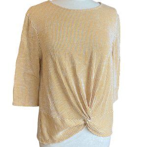 W5 Anthropologie Striped Twist Hem Shirt Mustard Beachy Coastal Fall Stretch-L